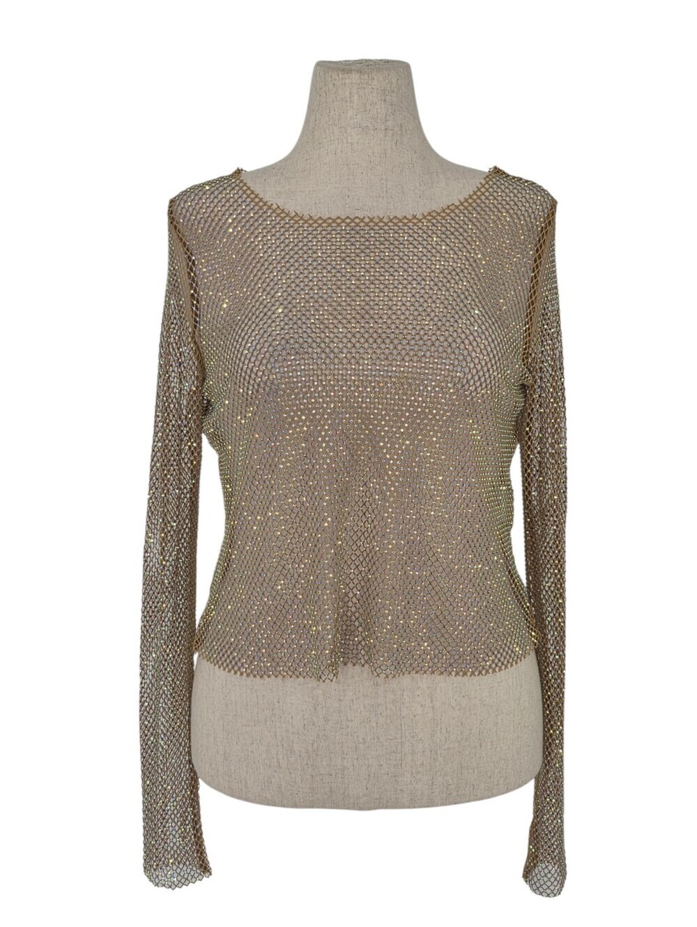 Endless Blu Iridescent Rhinestone Fishnet Mesh Top Nude Medium Festival